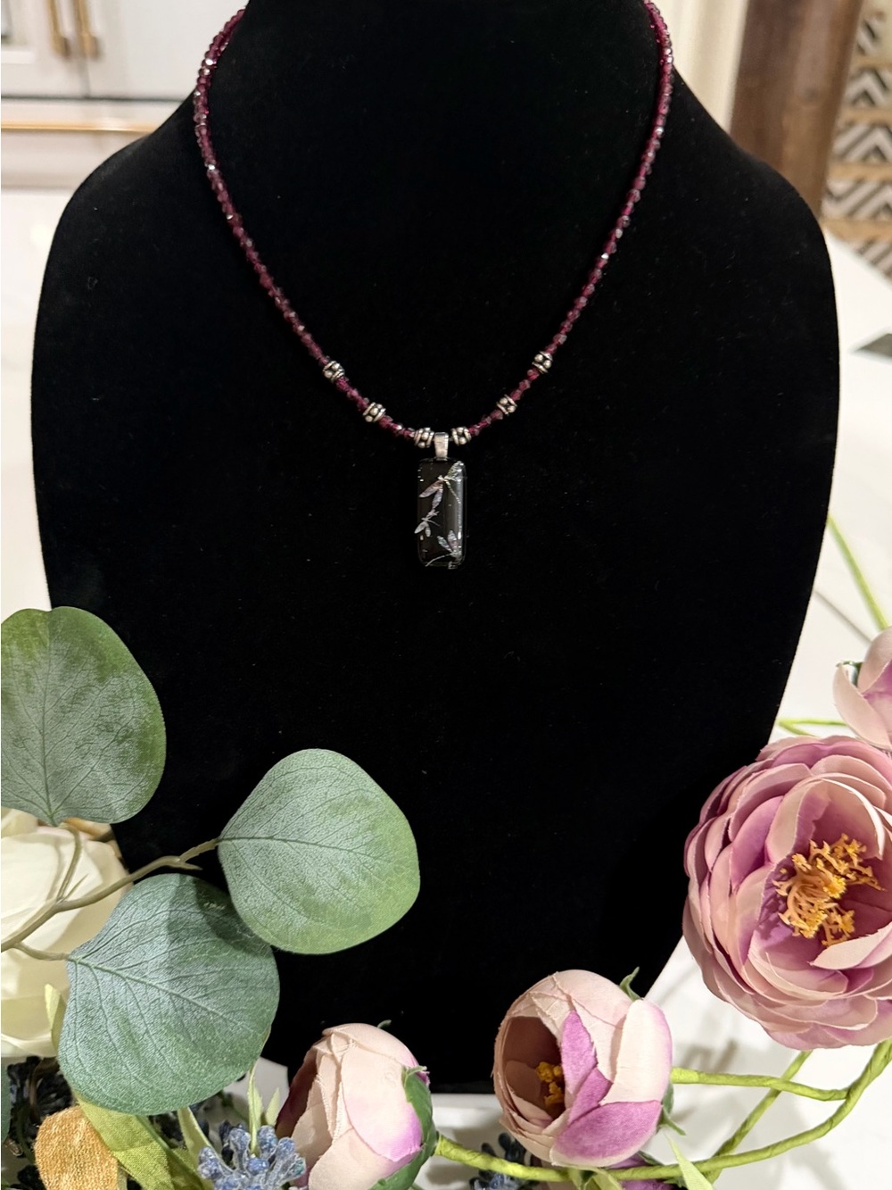 Handcrafted Purple Beaded Necklace with Black Firefly Pendant Delicate Necklace